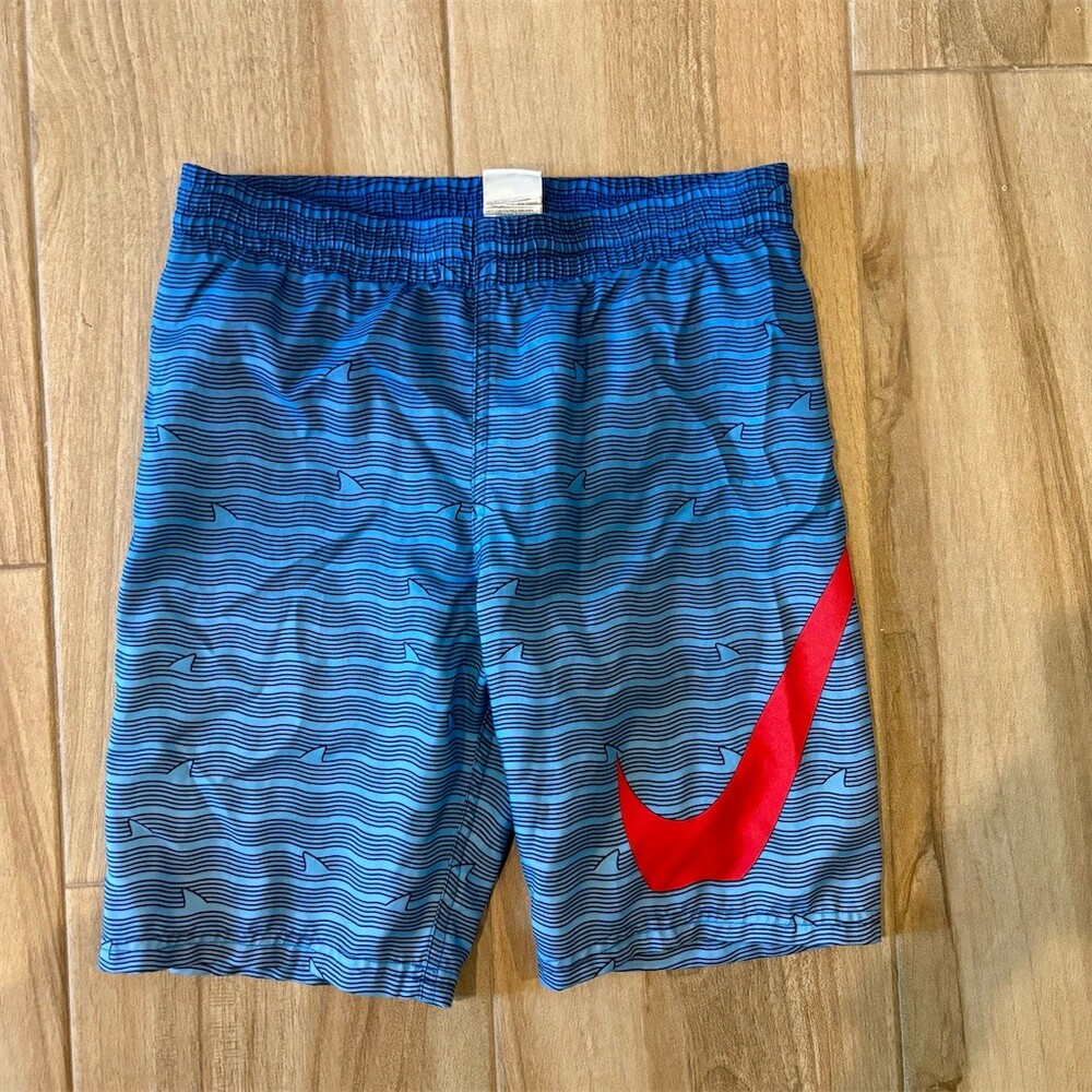 Nike Boys Swim Trunks Youth M Blue Shark Stripe Print Red Swoosh Quick Dry